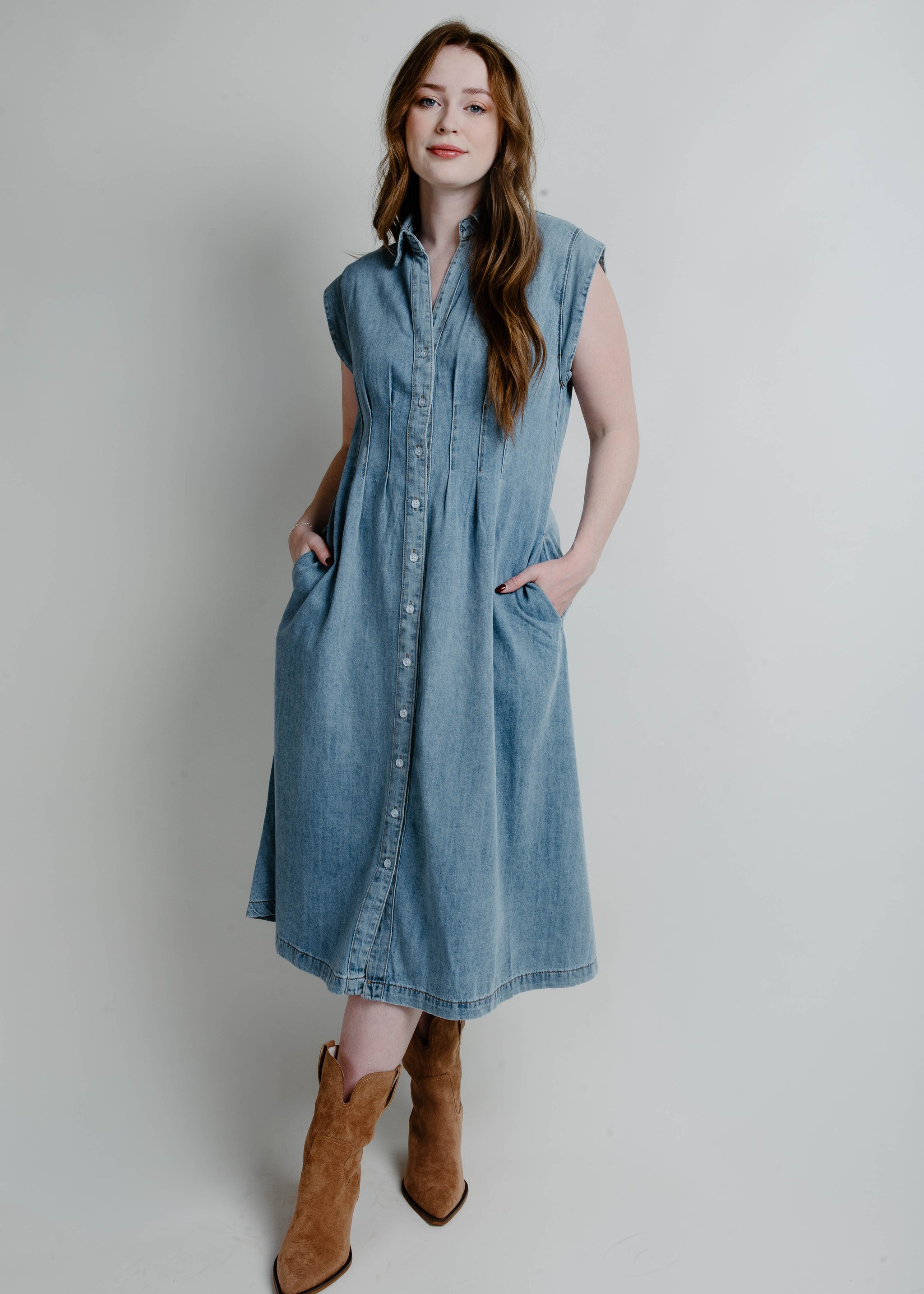 knee length dresses for ladies Carolina Denim Midi Dress Large