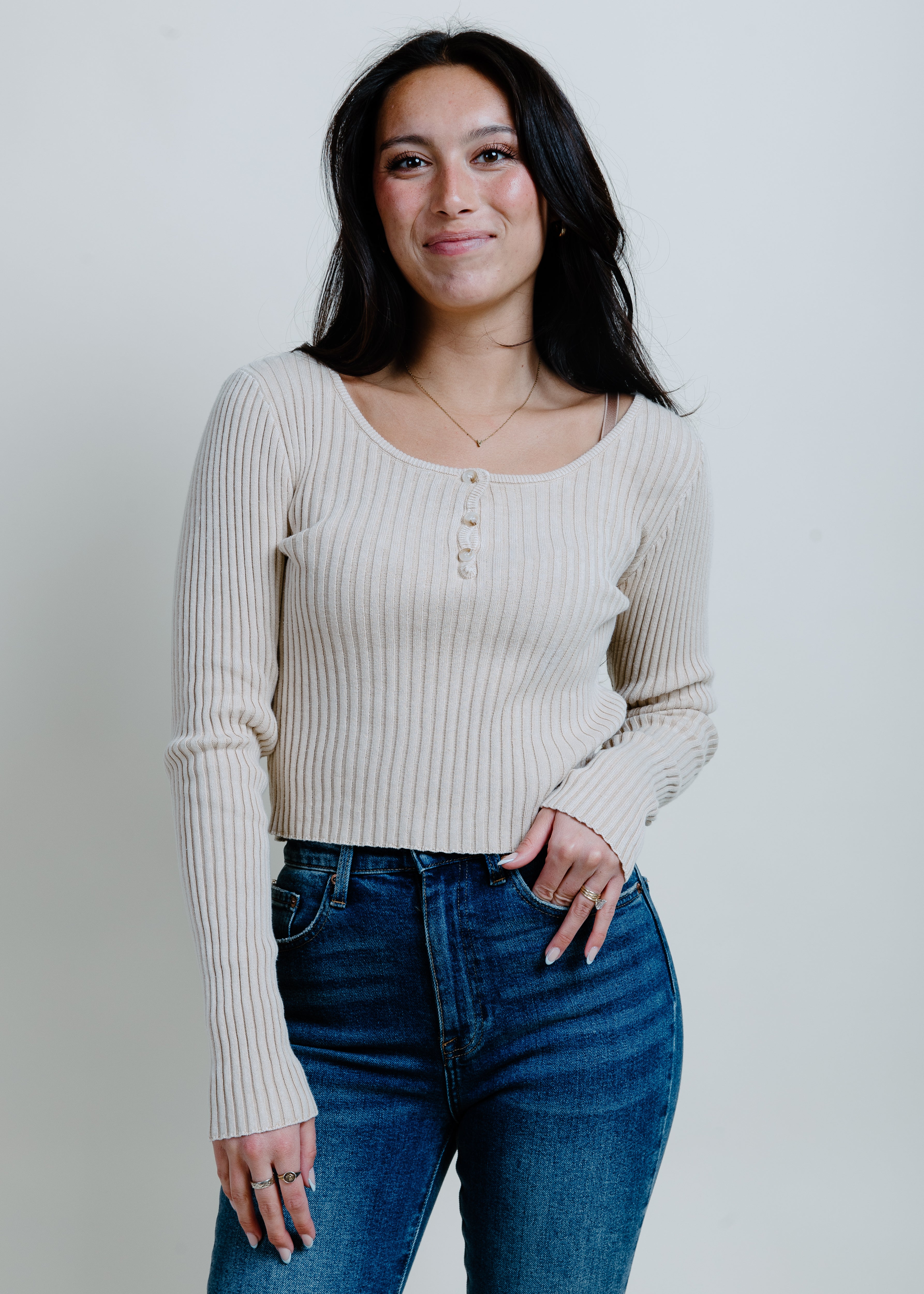 Hailey Ribbed Henley Top - Ash Beige