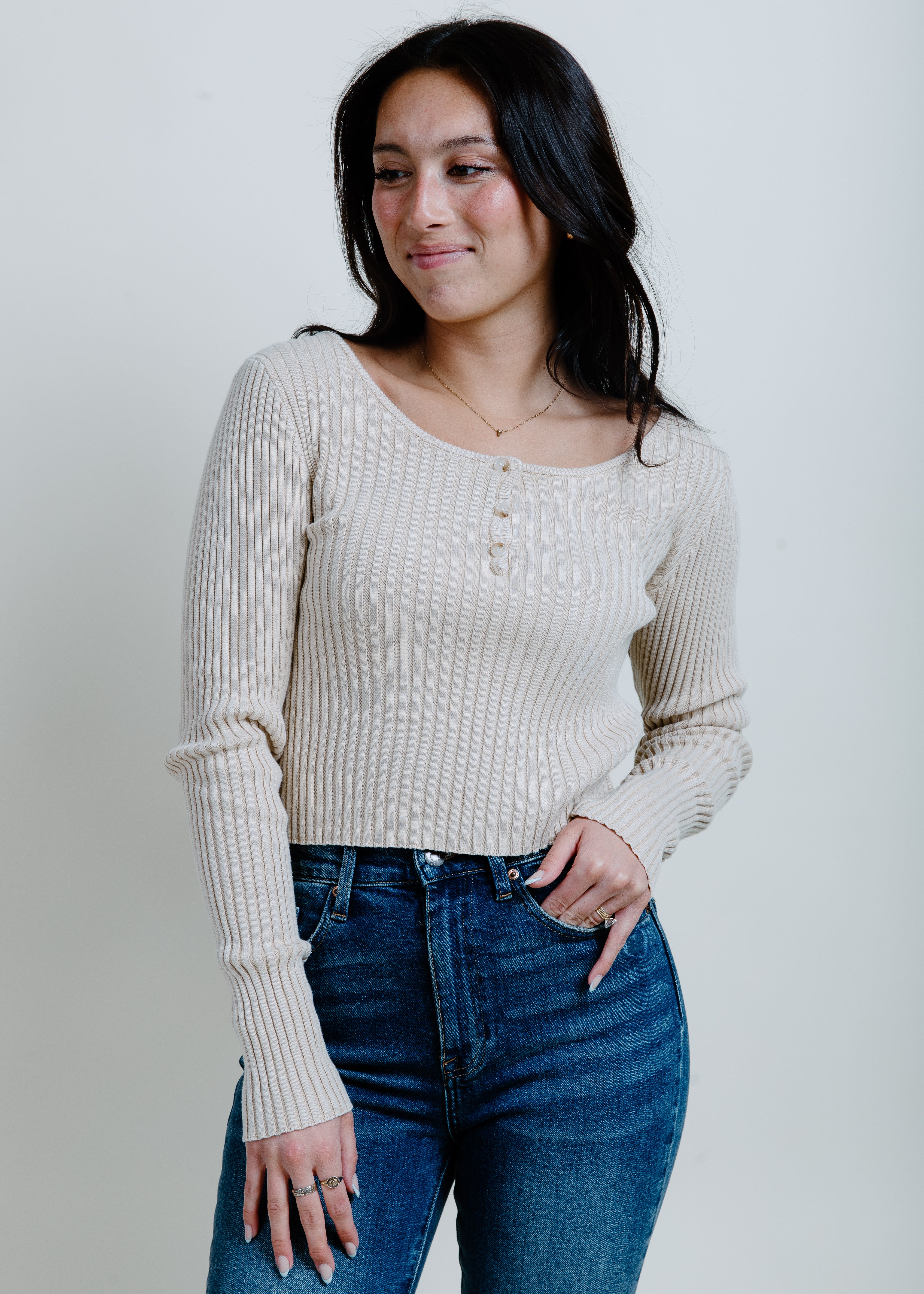 Hailey Ribbed Henley Top - Ash Beige