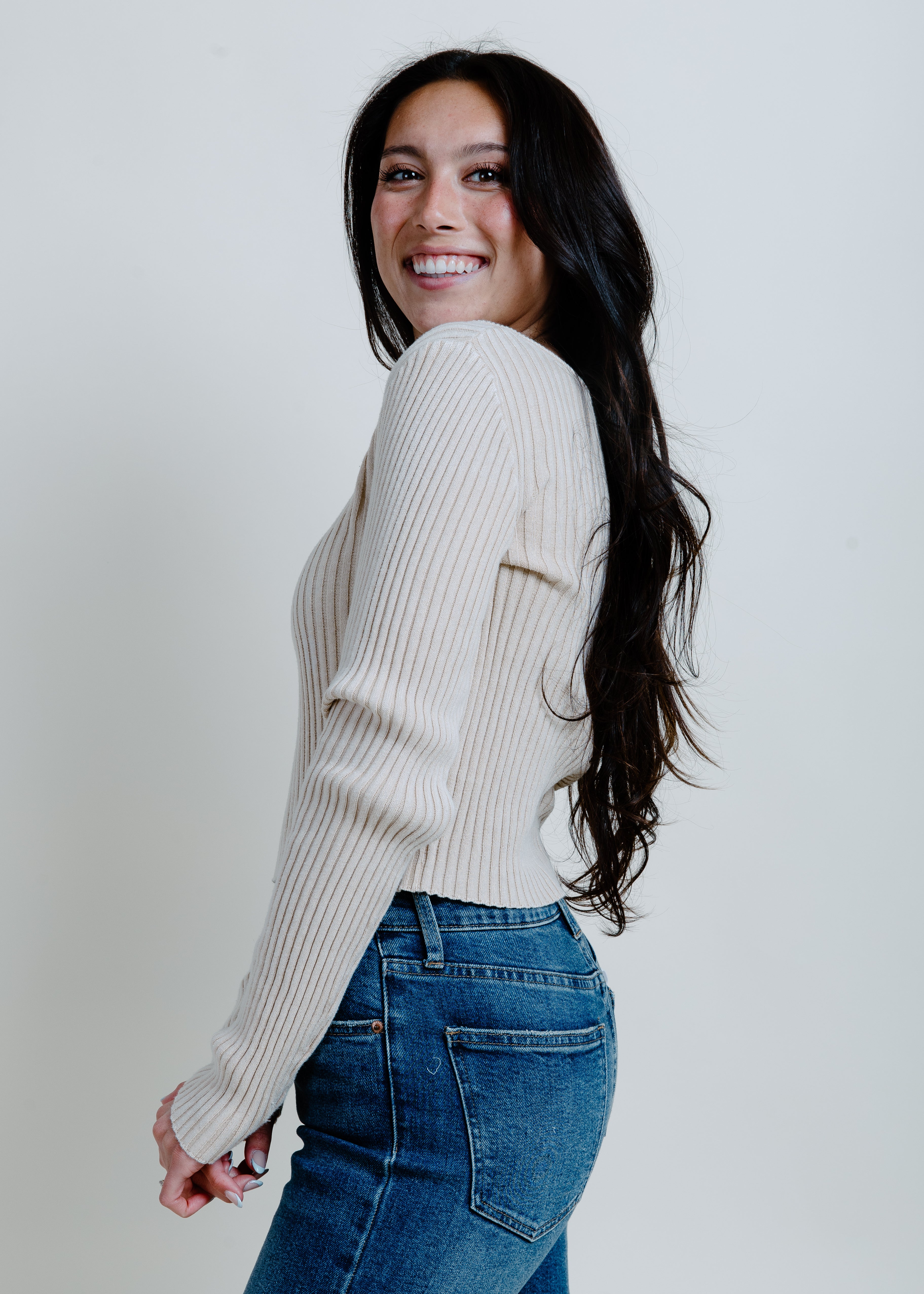 Hailey Ribbed Henley Top - Ash Beige