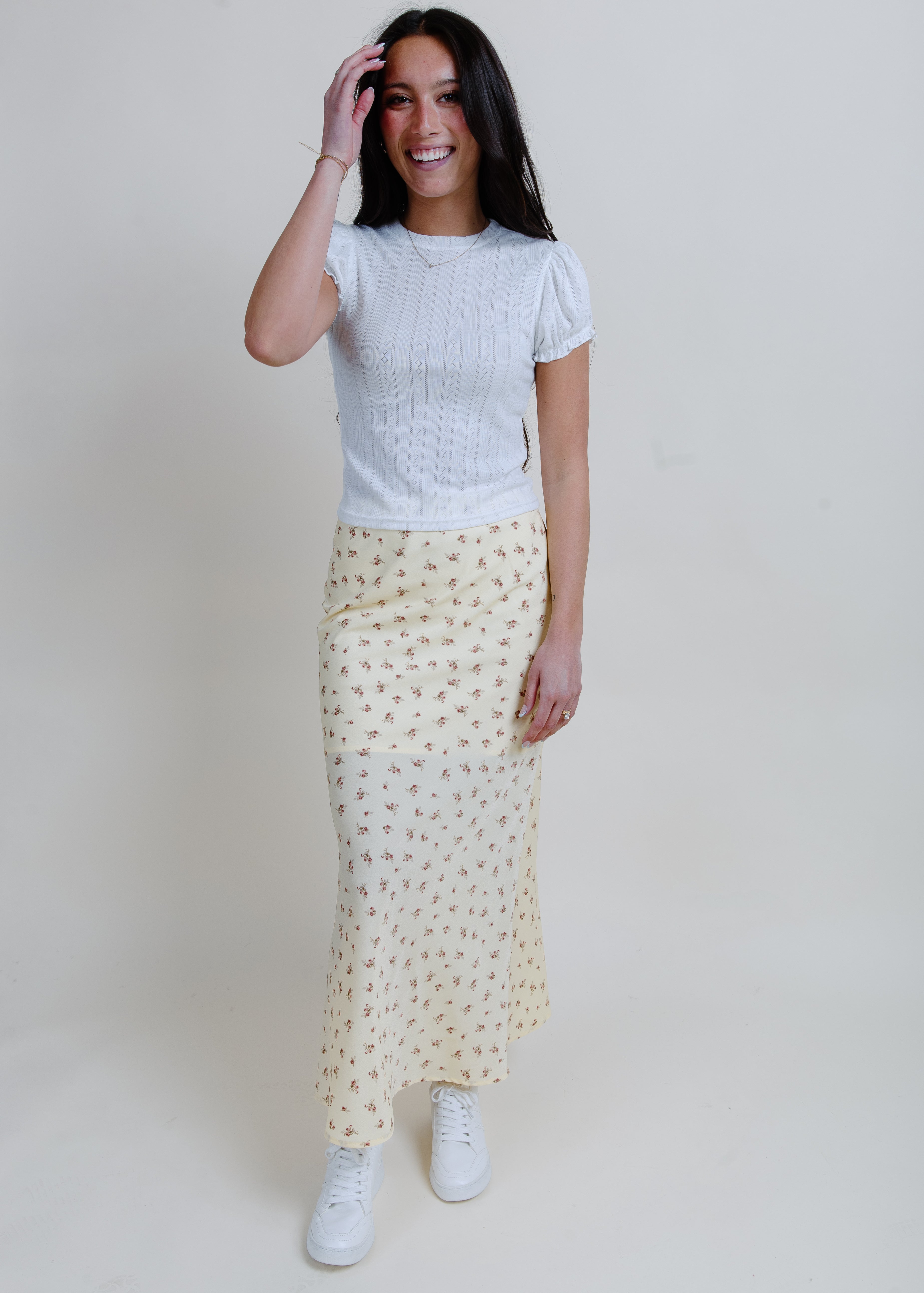 Vintage Floral Midi Skirt - Yellow