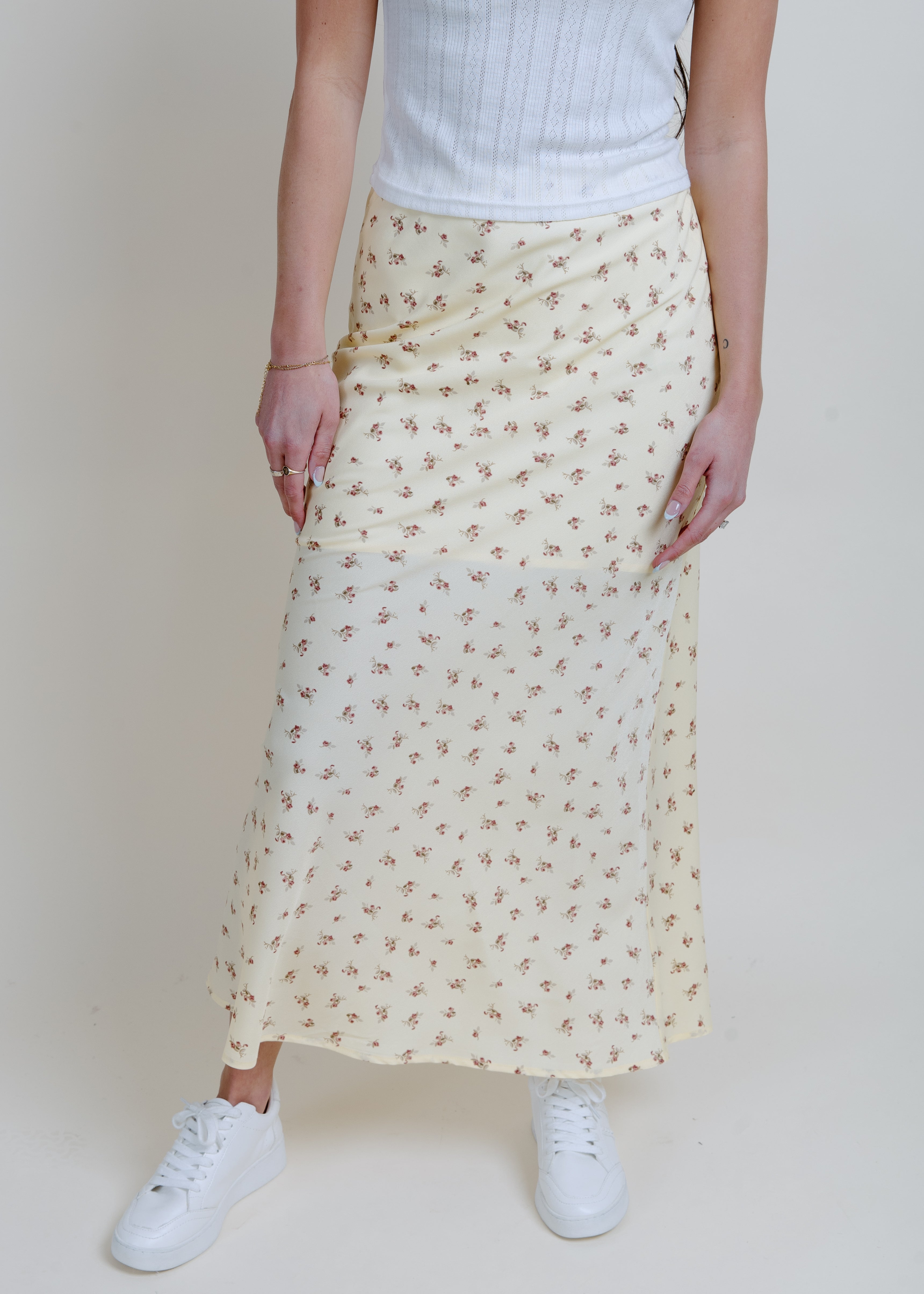 Vintage Floral Midi Skirt - Yellow