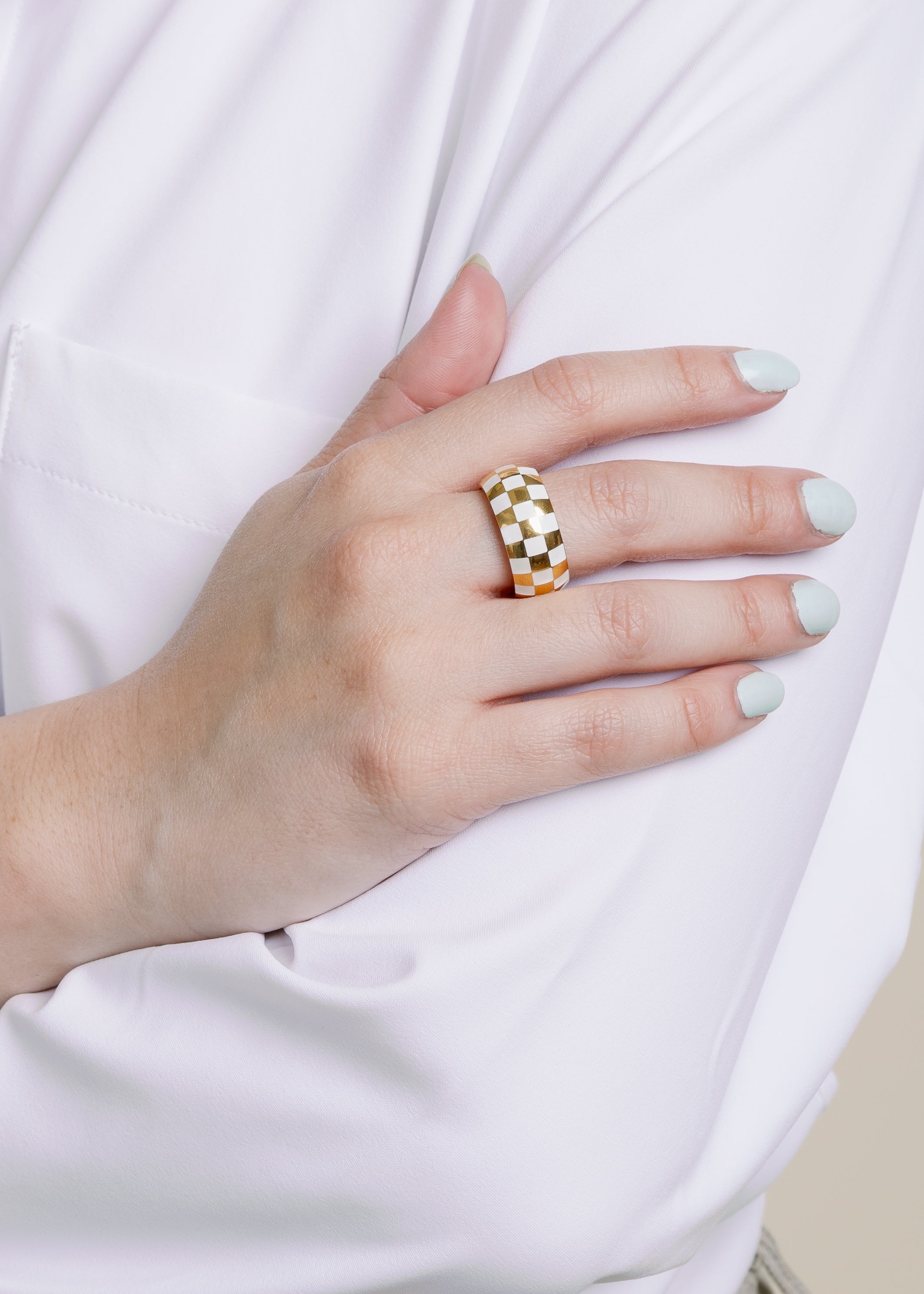 White & Gold Checkered Ring