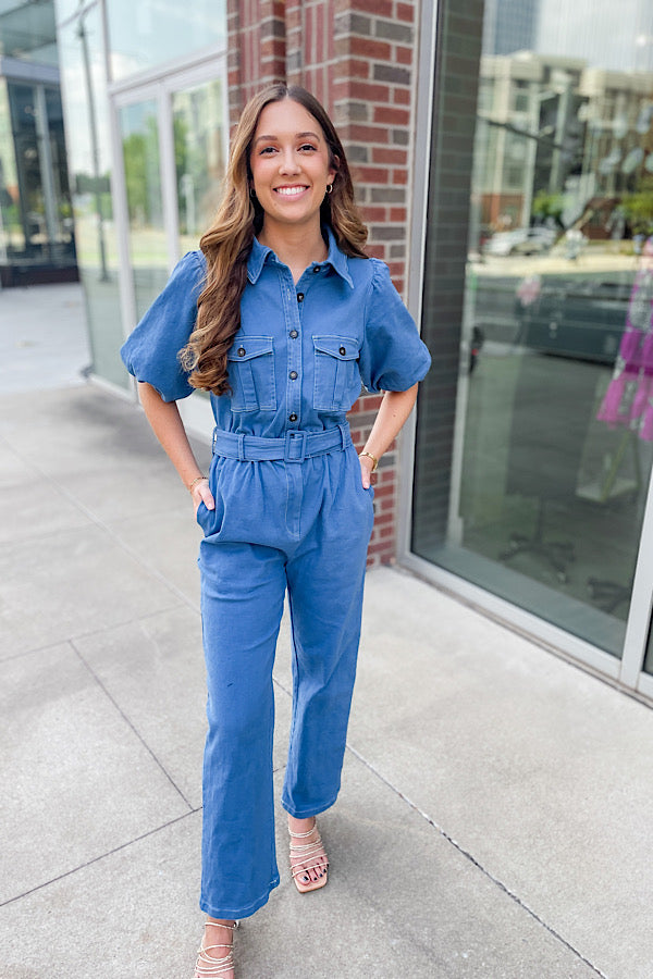 Blue Twill Belted Jumpsuit
