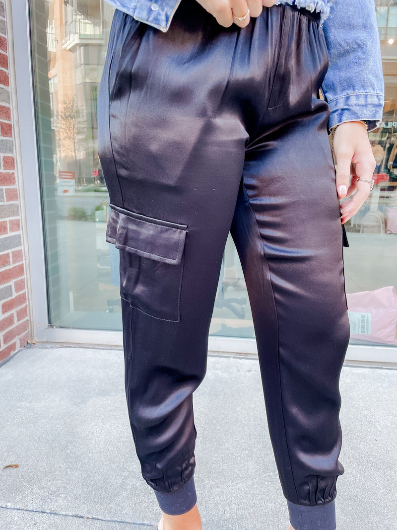 Satin Black Cargo Jogger Pant