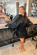 Pleated Volume Sleeve Black Dress
