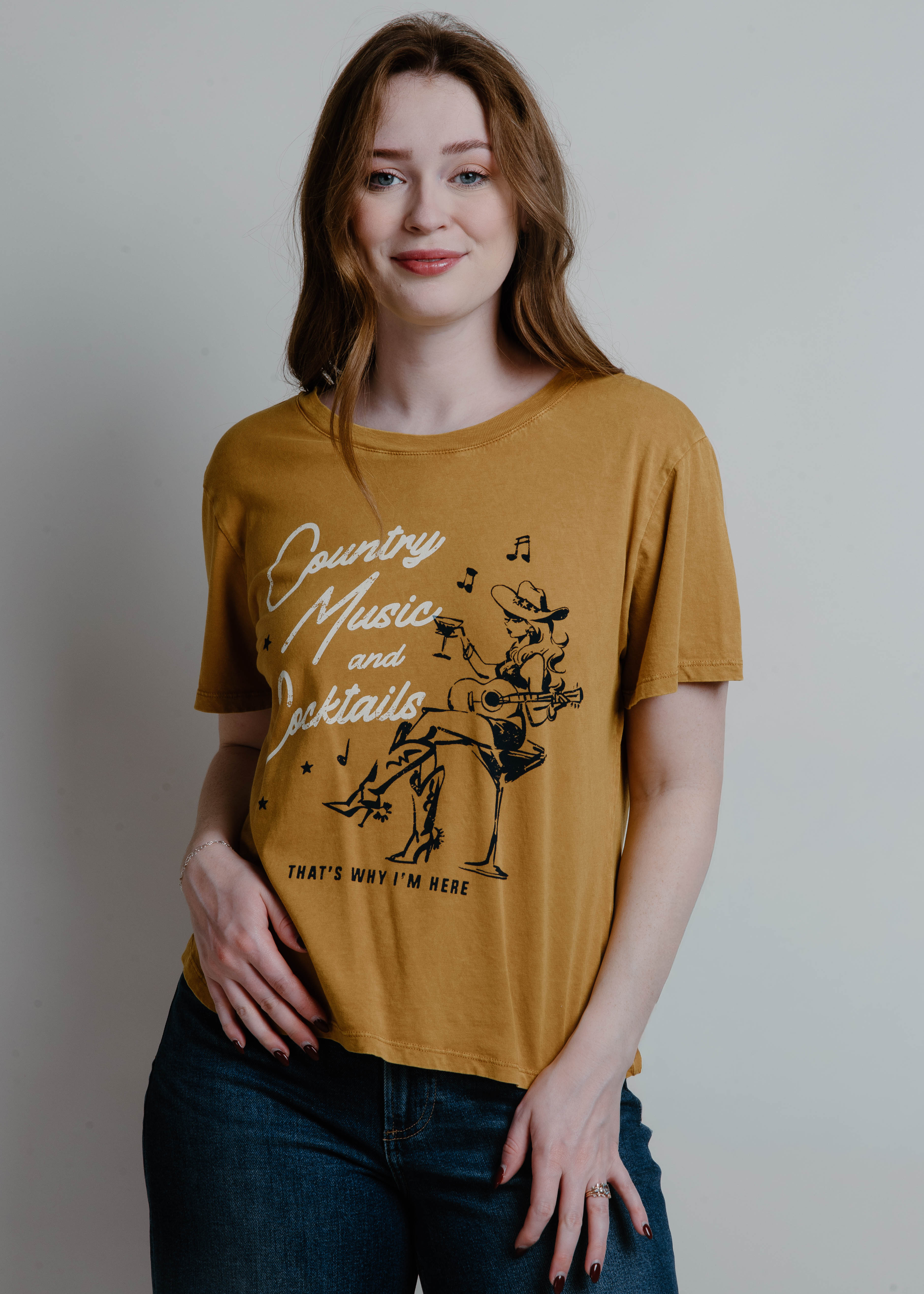 Country Music and Cocktails Graphic Tee - Mustard