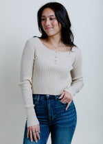 Hailey Ribbed Henley Top - Ash Beige