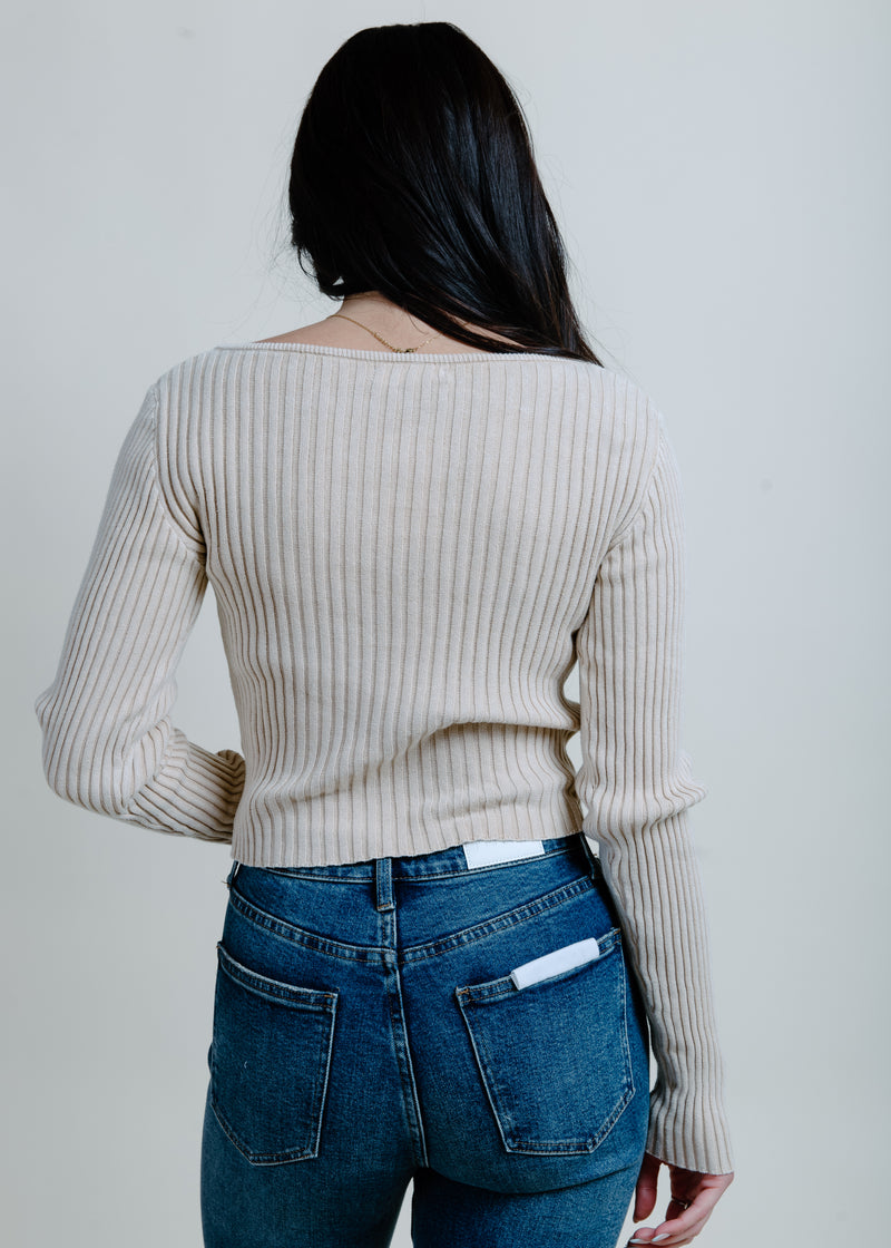 Hailey Ribbed Henley Top - Ash Beige