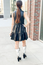 Faux Leather Black Ruffle Dress