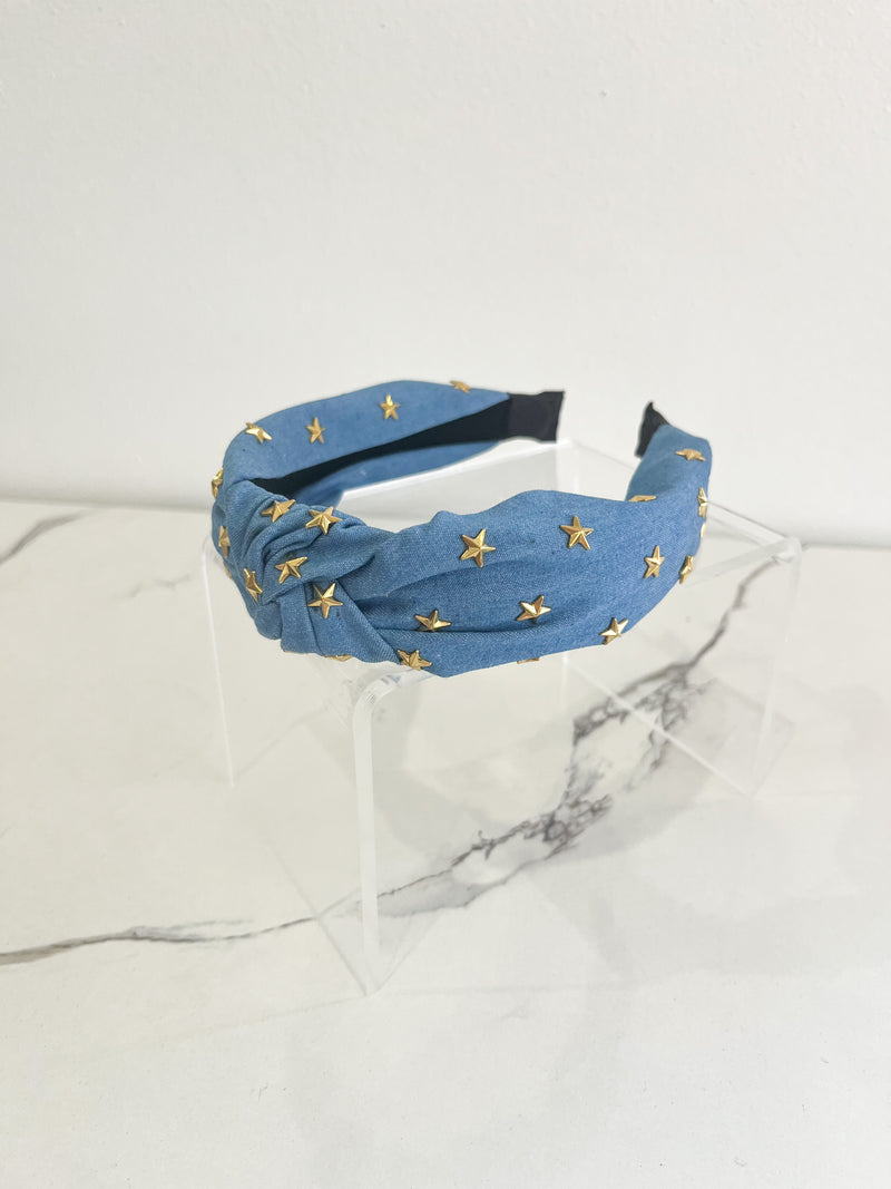 Star Studded Blue Denim Headband