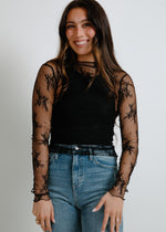 Jackie Knit Lace Mock Neck Top - Black