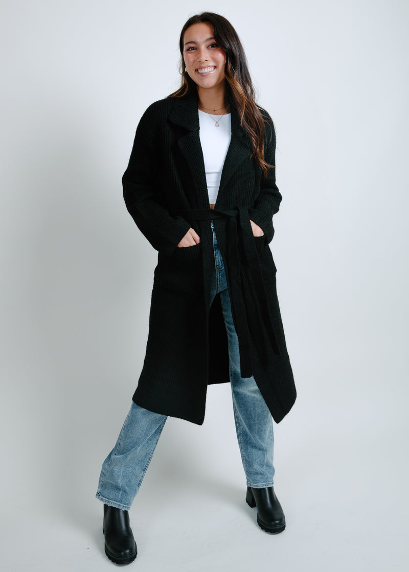 Kristen Belted Sweater Duster - Black