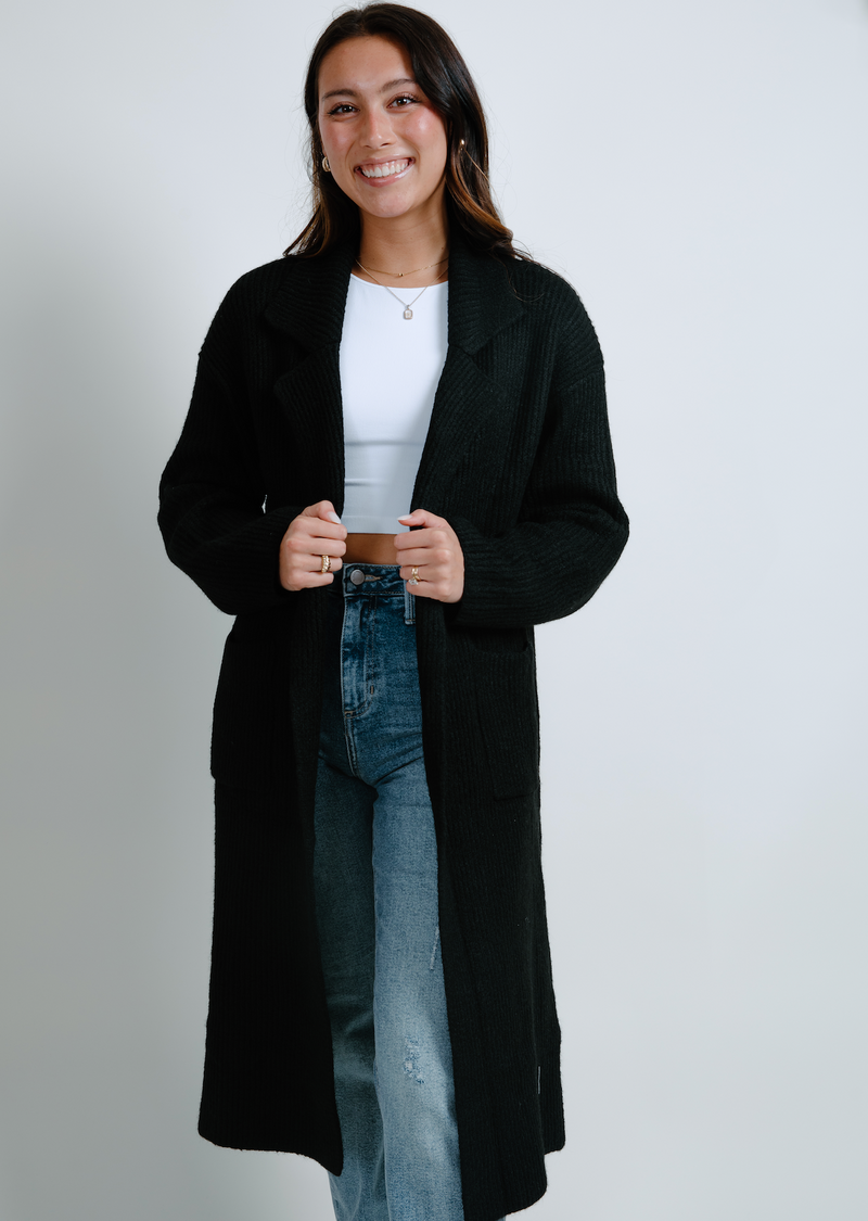 Kristen Belted Sweater Duster - Black