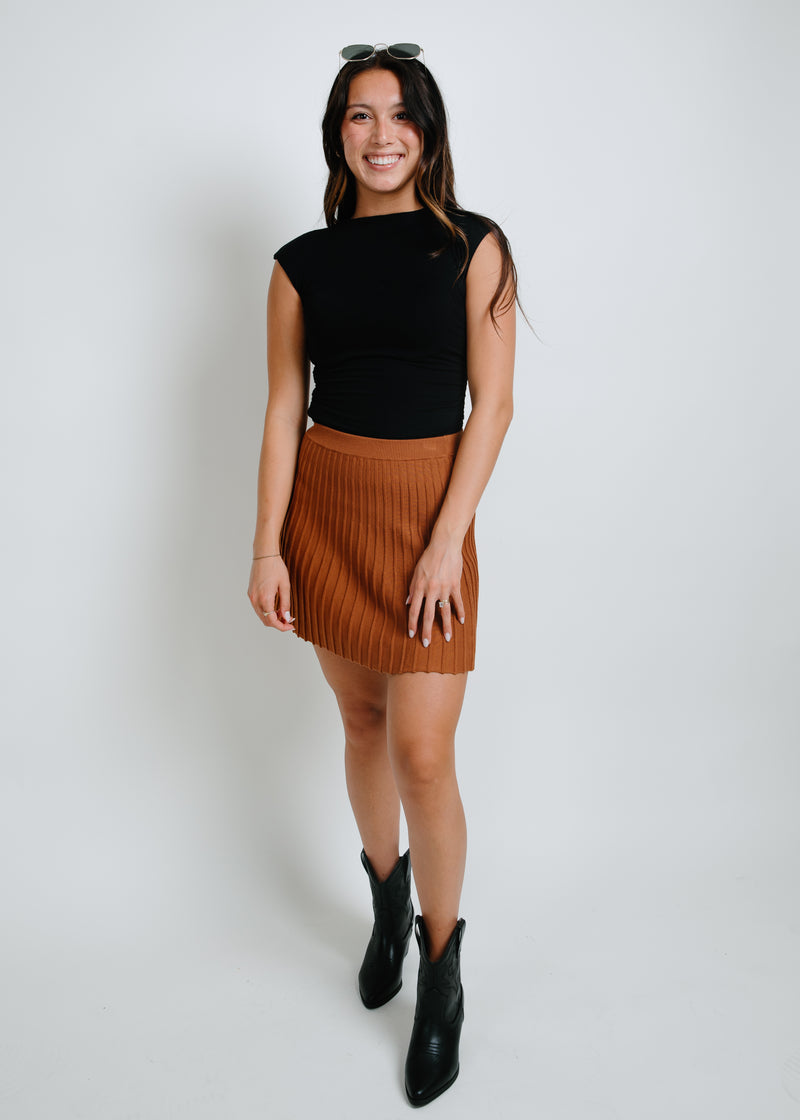 Serena Knit Pleated Mini Skirt - Chocolate