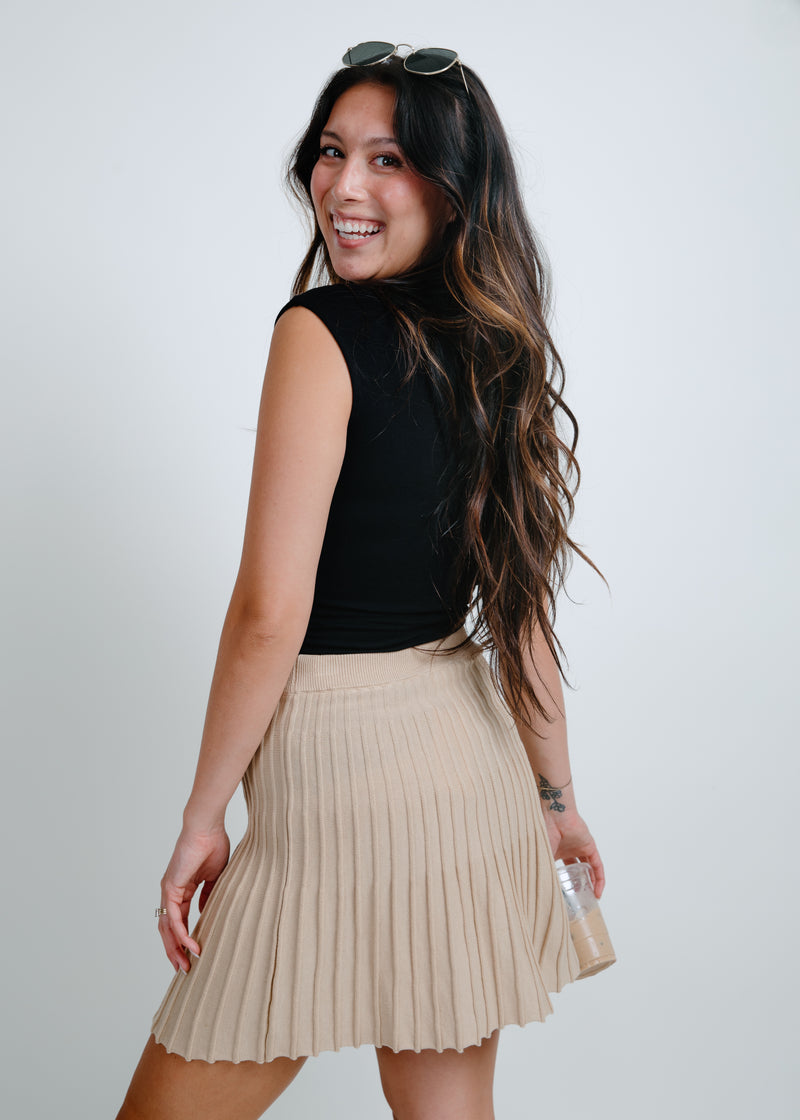 Serena Knit Pleated Mini Skirt - Taupe