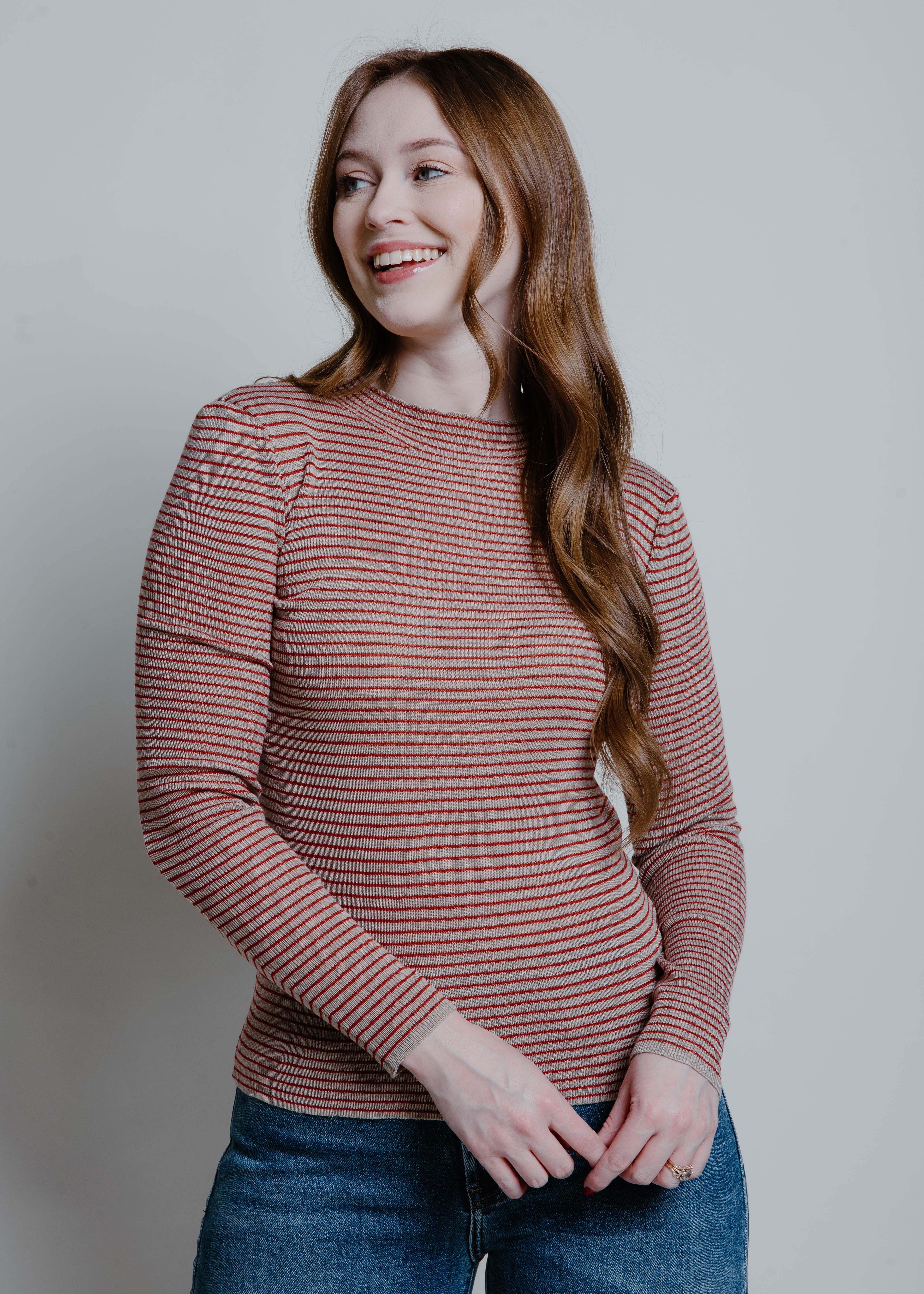 Wallen Striped Mock Neck Top - Taupe