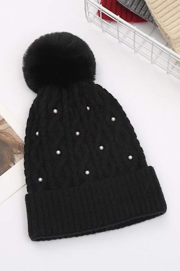 Fur Pom Black Beanie