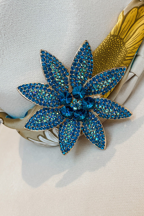 Stone Embellished Blue Flower Brooch