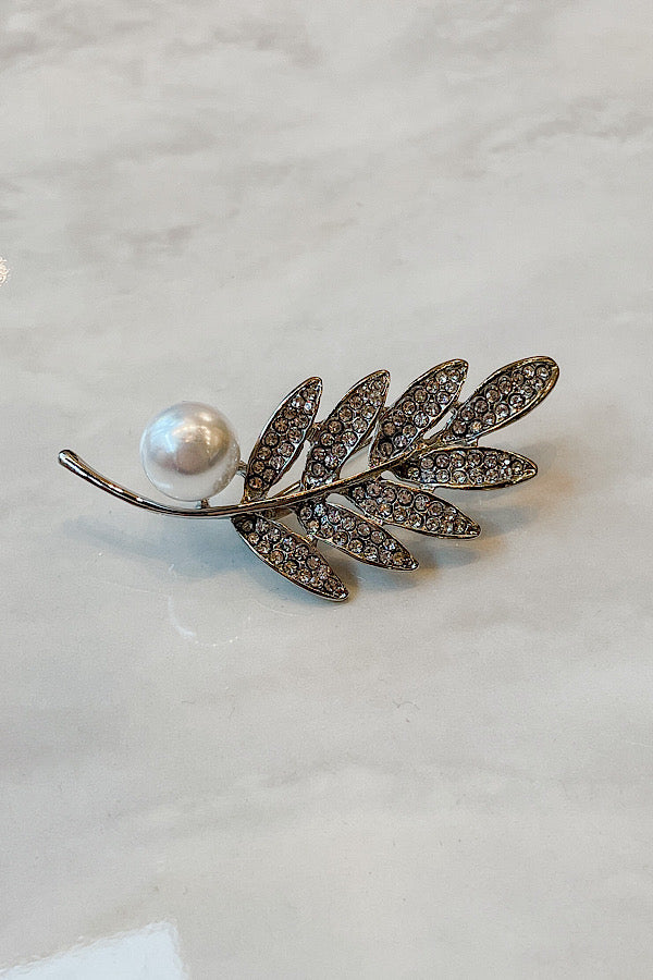 Leaf and Pearl Silver Brooch